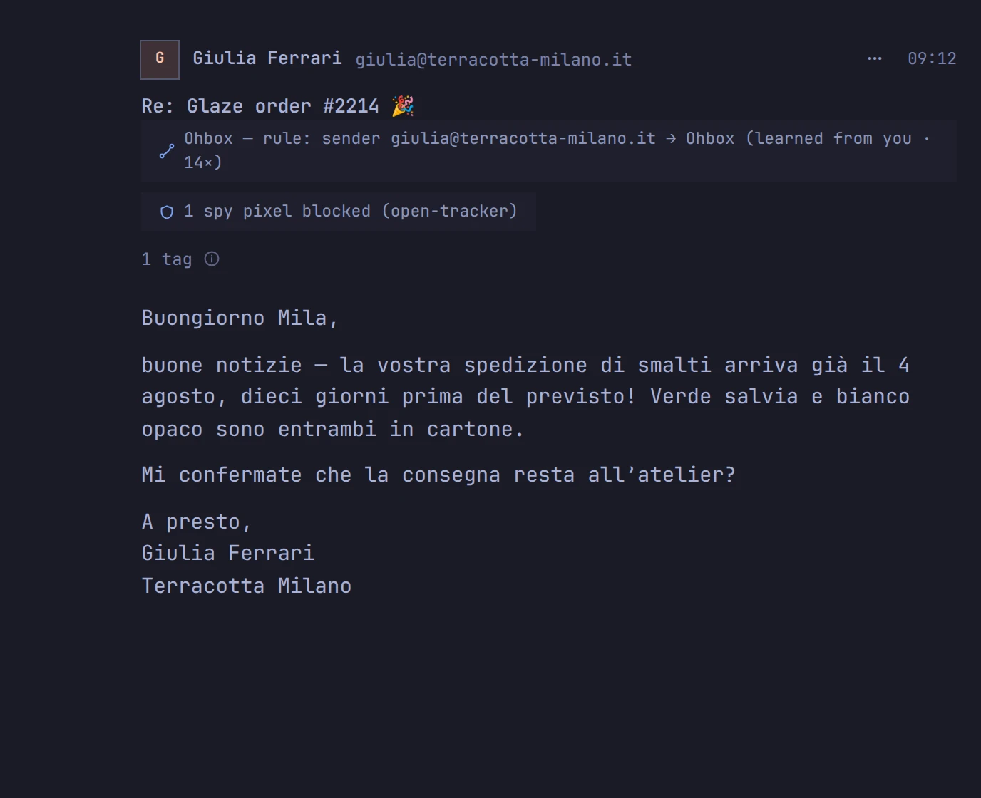 The same message in ohmail's dark theme