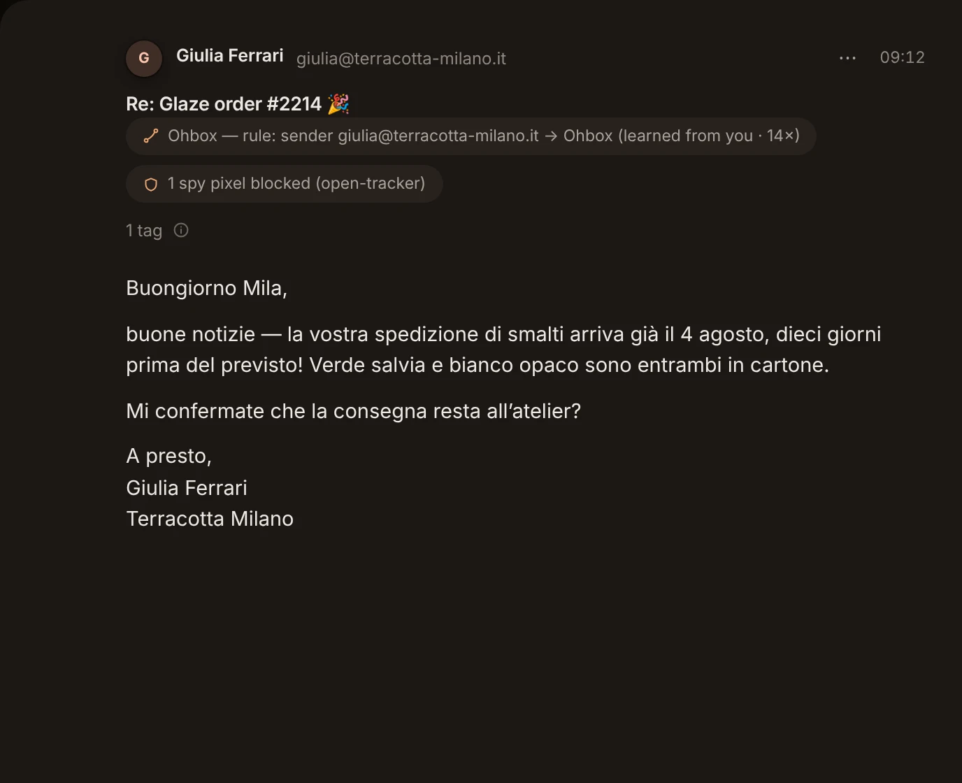 The same message in ohmail's dark theme