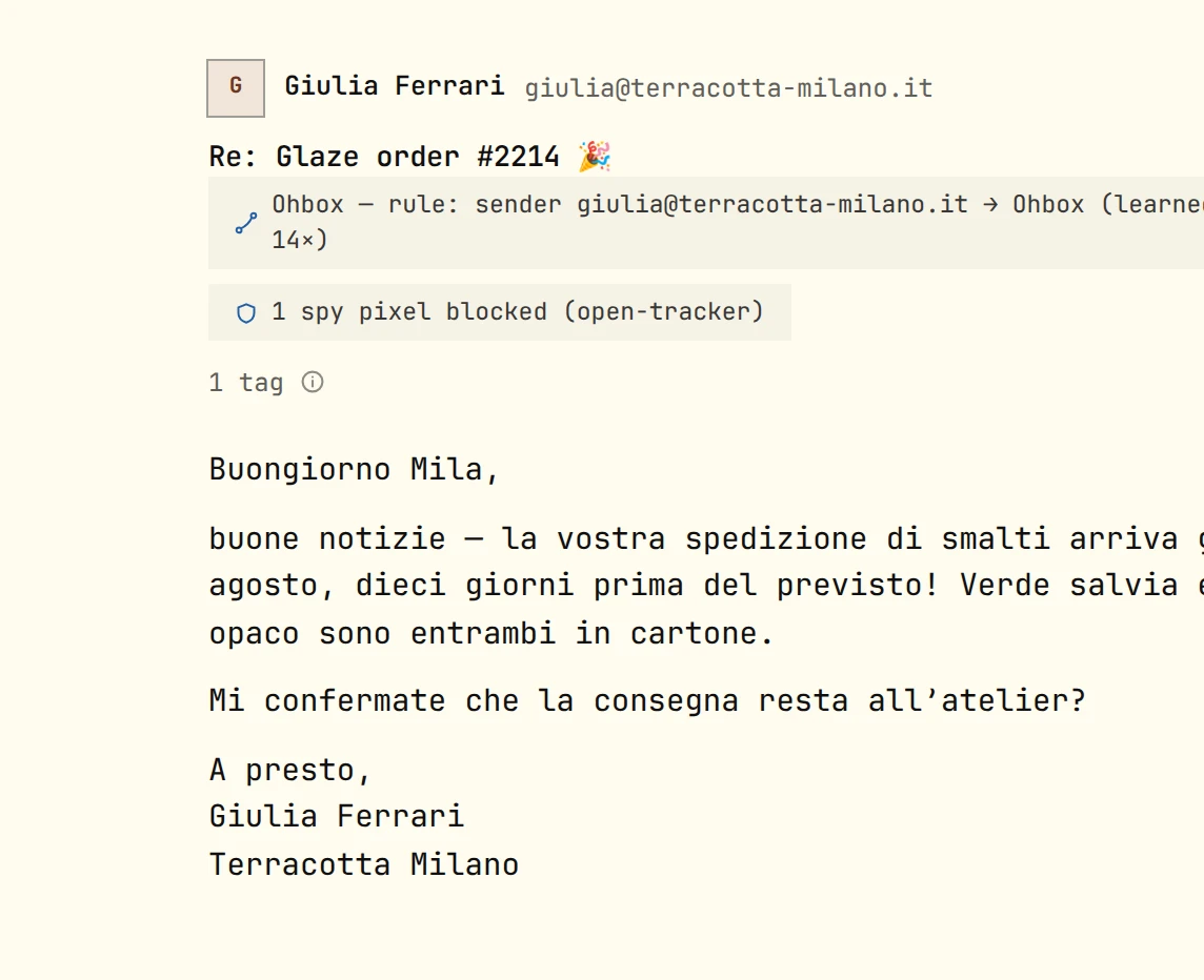A message open in ohmail's light theme