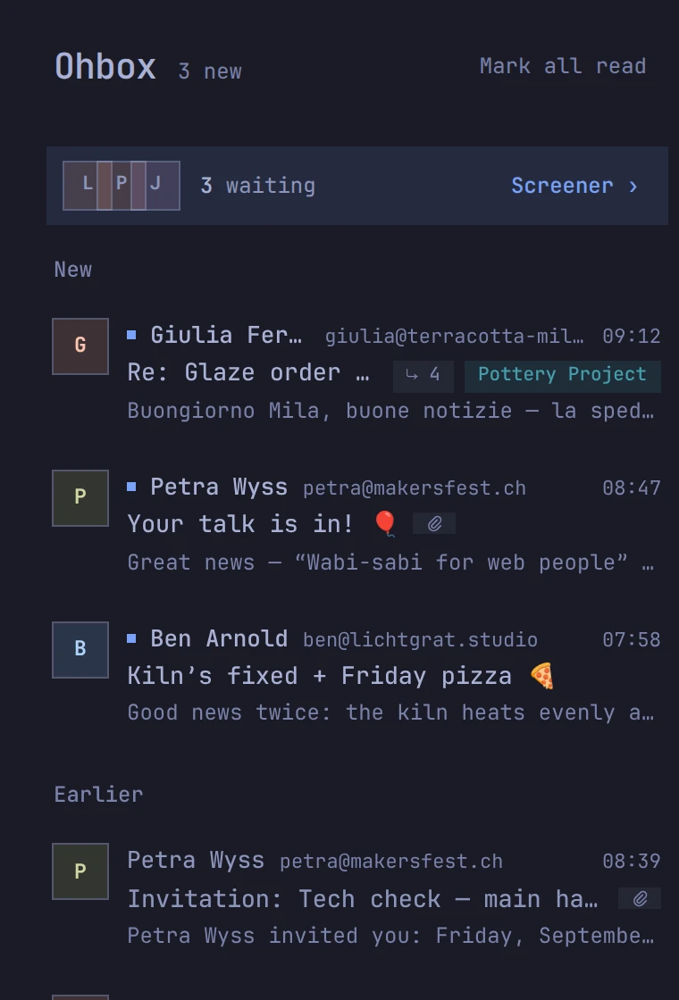 The Ohbox in ohmail: mail from people you have said yes to