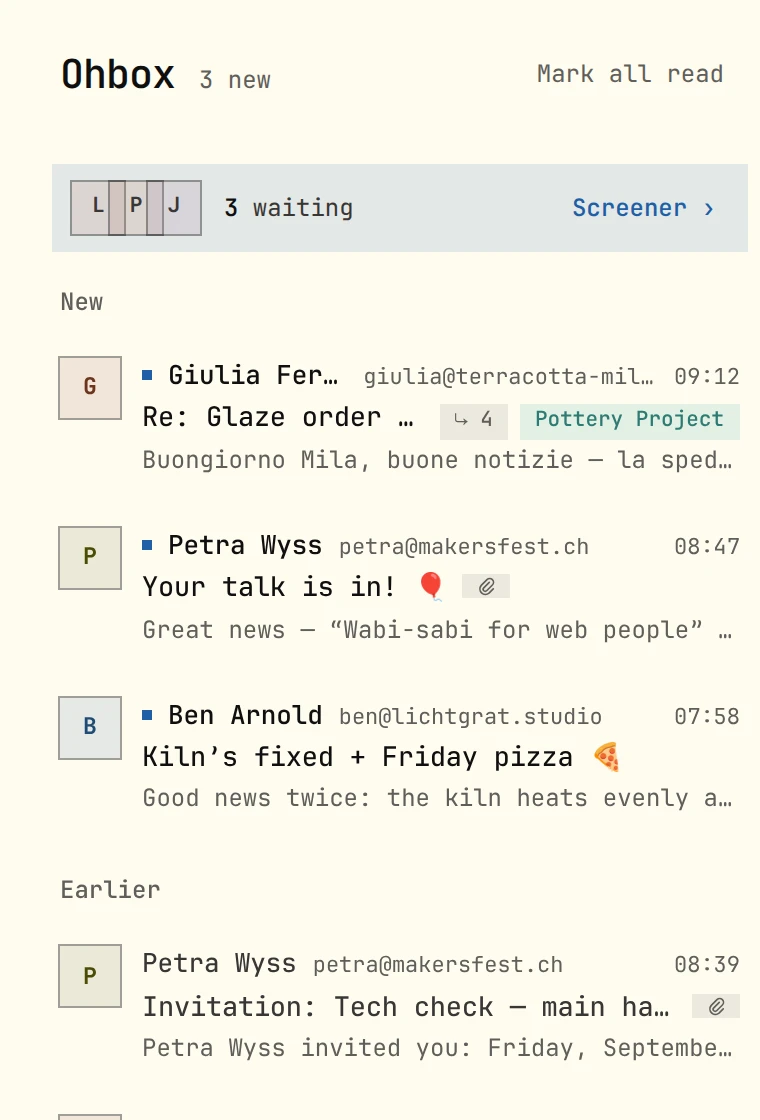 The Ohbox in ohmail: mail from people you have said yes to