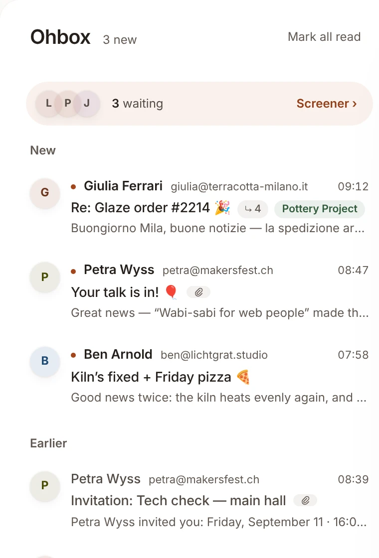 The Ohbox in ohmail: mail from people you have said yes to