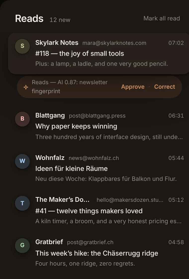 Reads in ohmail: newsletters, with the waterline where you stopped
