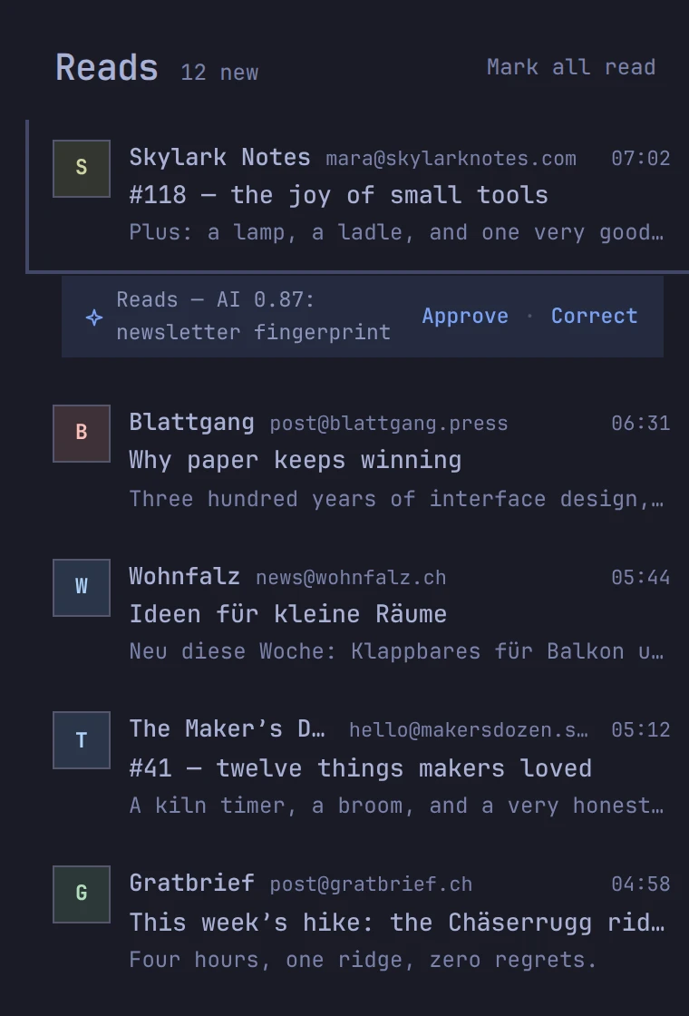 Reads in ohmail: newsletters, with the waterline where you stopped