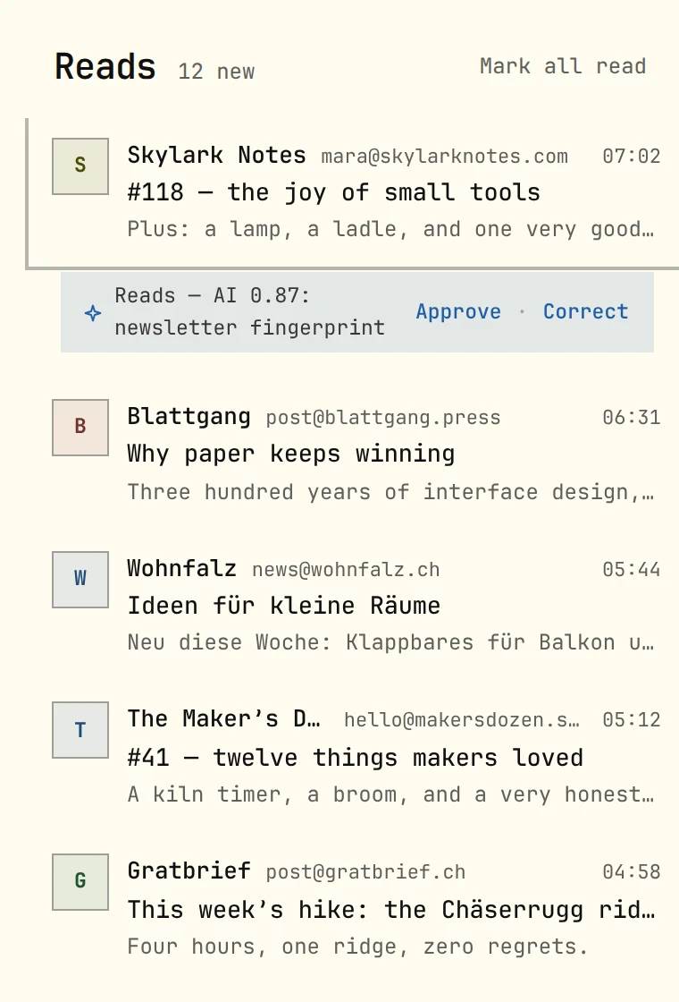 Reads in ohmail: newsletters, with the waterline where you stopped