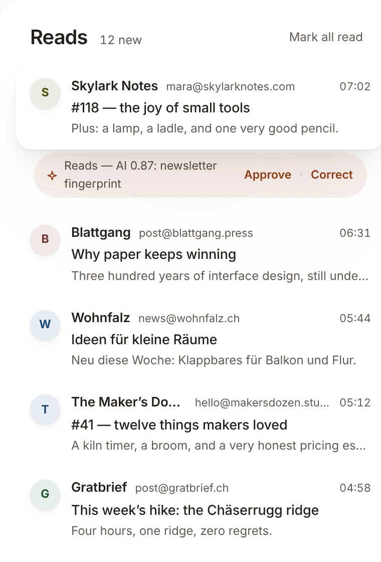 Reads in ohmail: newsletters, with the waterline where you stopped