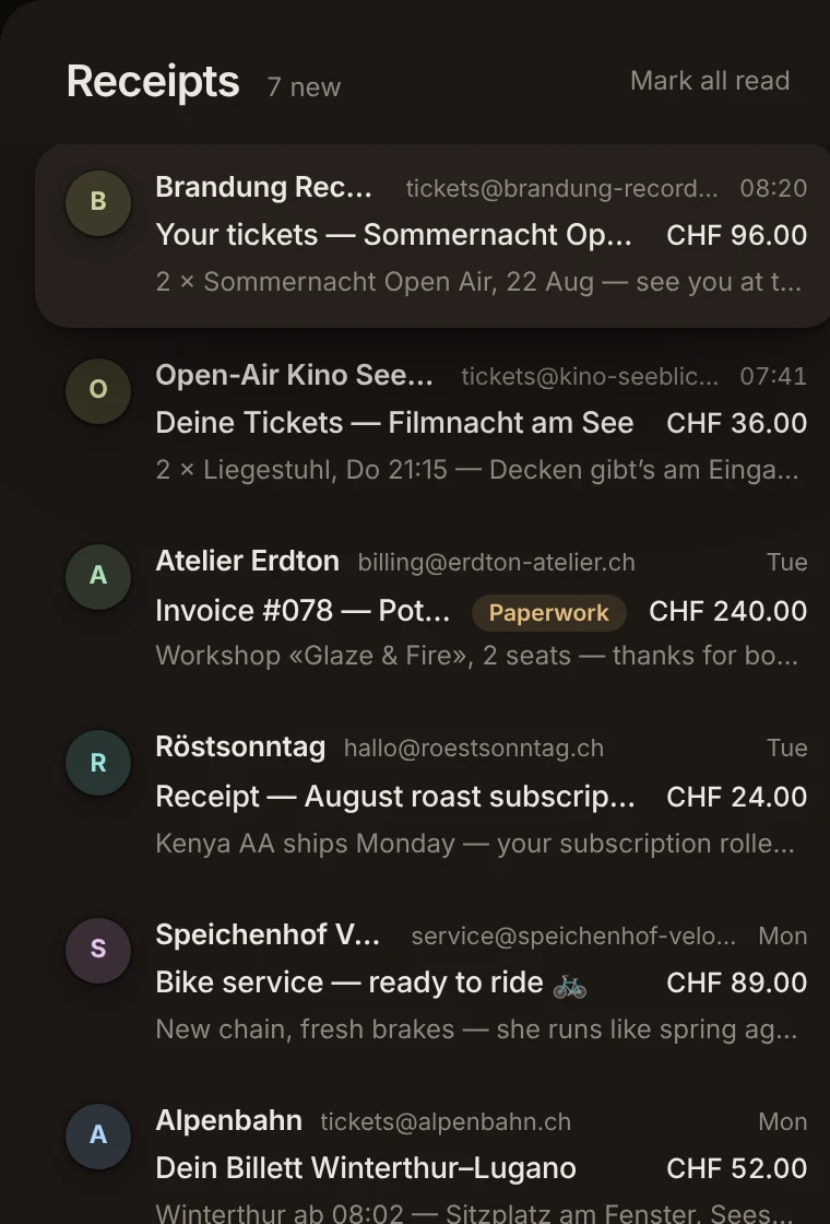 Receipts in ohmail: orders and confirmations, filed