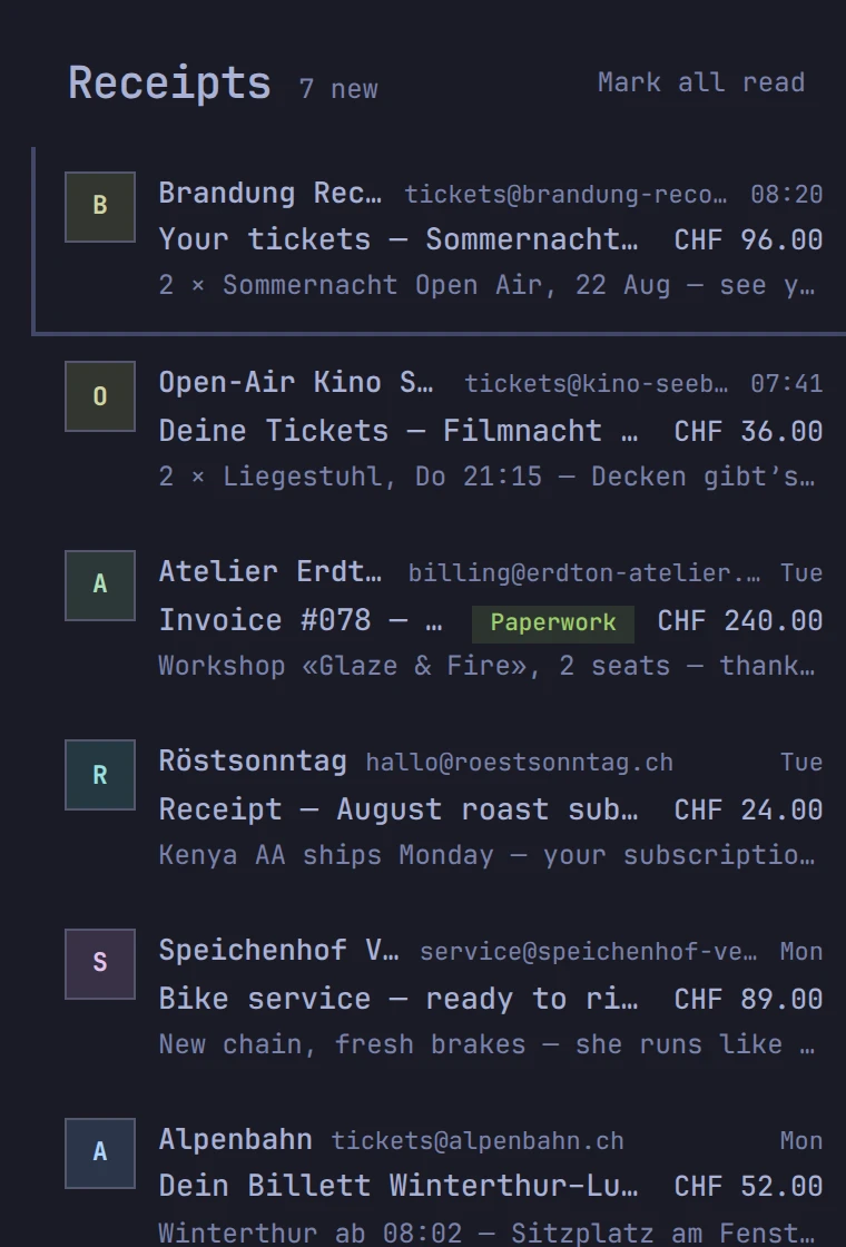Receipts in ohmail: orders and confirmations, filed