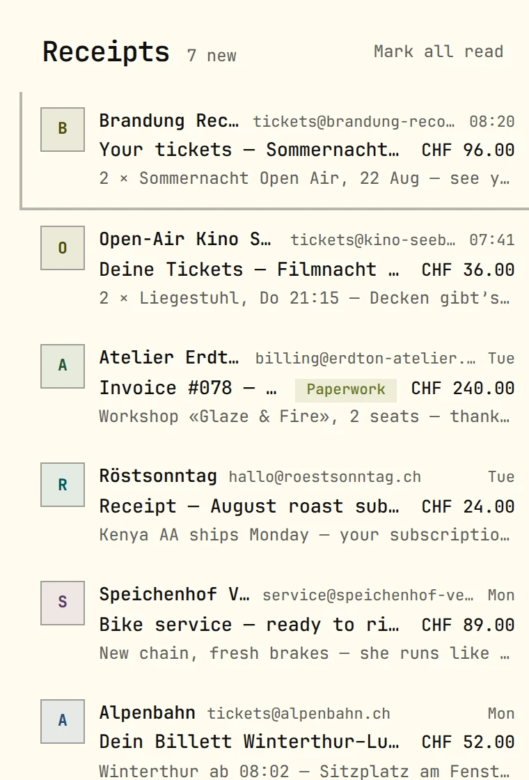 Receipts in ohmail: orders and confirmations, filed
