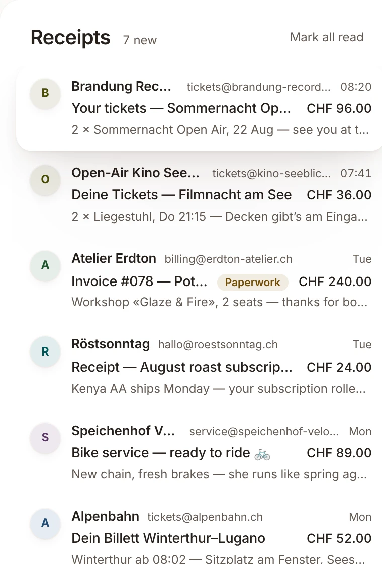 Receipts in ohmail: orders and confirmations, filed